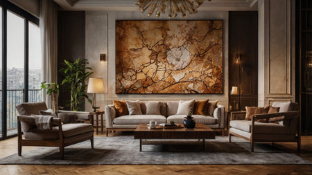 Luxury living room interior design with brown sofa, coffee table and glass window. 3D Rendering
