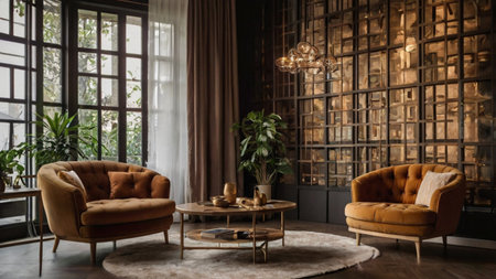 modern living room interior design with brown leather armchairs and coffee tableの写真素材