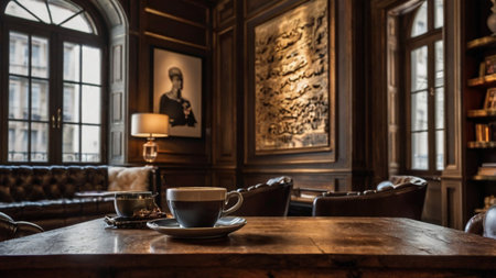 Coffee cup on a wooden table in the old bar.