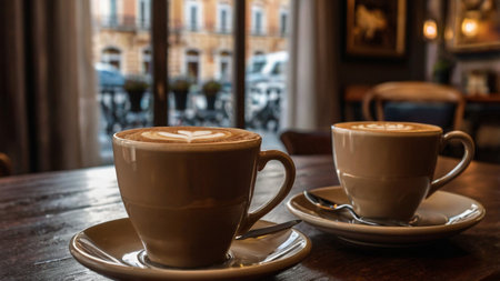 Coffee cup in coffee shop, latte art on wooden tableの写真素材