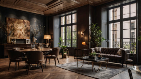 Interior of a restaurant with dark wooden walls, wooden floor and black sofas. There is a sofa and a...
