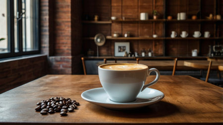 Coffee cup and coffee beans on wooden table in coffee shopの写真素材