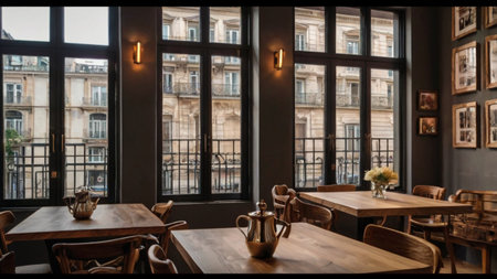Luxury restaurant interior in Paris, France, with wooden tables and chairs