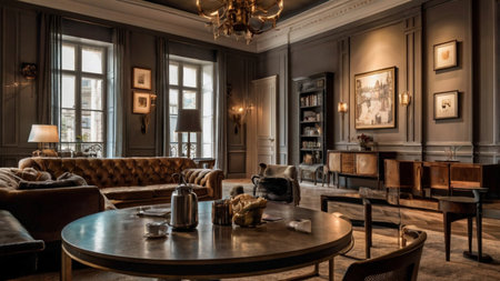 Luxury interior of a classic living room with a leather sofa, a coffee table and a fireplace