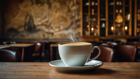 Coffee cup on wooden table in coffee shop, stock photo