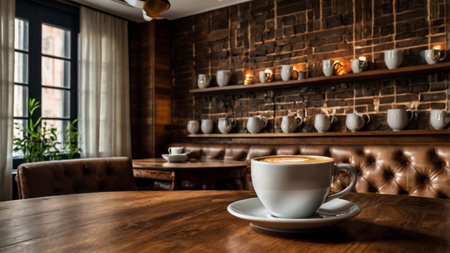 Coffee cup on wooden table in coffee shop, stock photo
