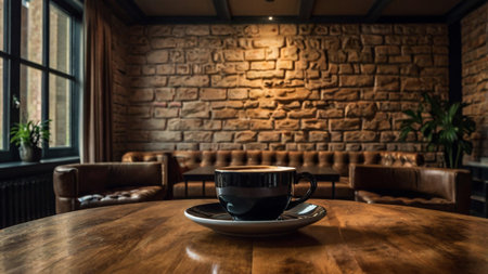 Coffee cup on wooden table with brick wall background in coffee shop