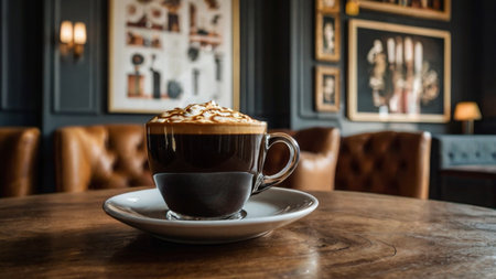 Coffee cup on wooden table in coffee shop, stock photoの写真素材