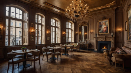 Interior of a classic baroque building with a fireplace and parquetの写真素材