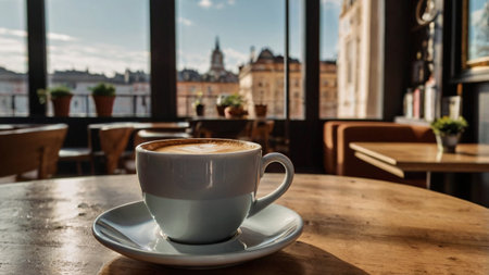 Coffee cup on wooden table in coffee shop, stock photoの写真素材