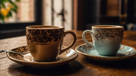 Two cups of coffee on a wooden table in a cafe. Close-upの写真素材