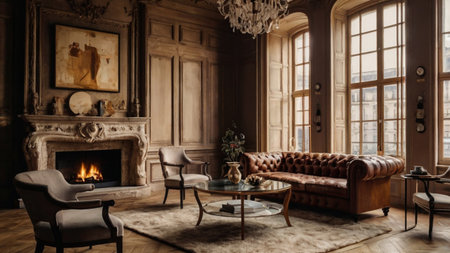 Classic interior of a room with fireplace, sofa and armchairs.の写真素材