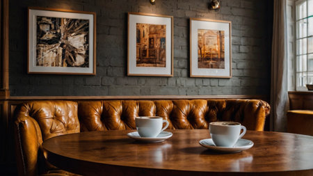 Coffee cup on wooden table in coffee shop, stock photoの写真素材