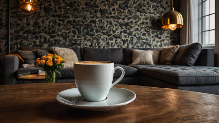 Coffee cup on wooden table in coffee shop with vintage wall background