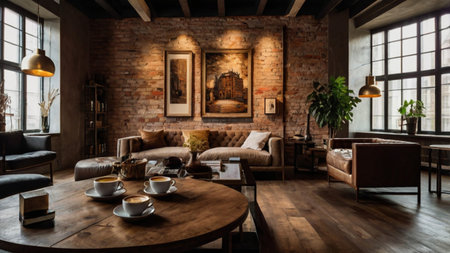 interior of loft style living room with brick wall and wooden floorの写真素材