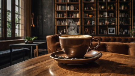 Coffee cup on wooden table in coffee shop, stock photo
