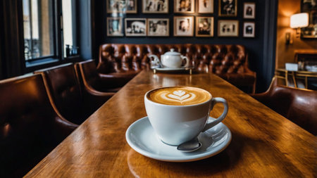 Coffee cup on wood table in coffee shop, stock photoの写真素材