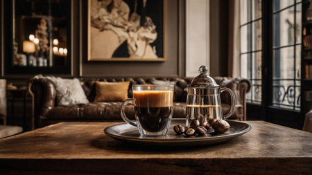 Luxury living room interior design with brown sofa 3D renderingの写真素材