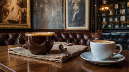 Coffee cup on wooden table in coffee shop, stock photo