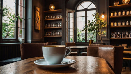 Coffee cup on wooden table in coffee shop, stock photoの写真素材