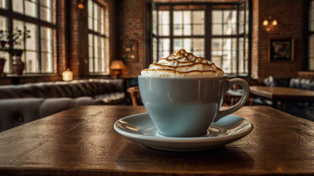 A cup of cappuccino with whipped cream on a wooden tableの写真素材