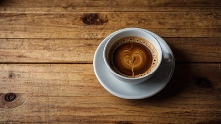 Cup of coffee with latte art on wooden table, top viewの写真素材