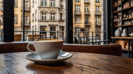 Coffee cup on wooden table in front of window in cafeの写真素材