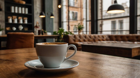 Coffee cup on wooden table in coffee shop, stock photoの写真素材