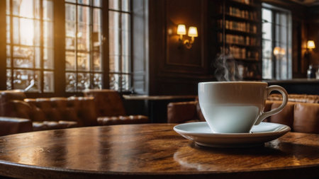 Coffee cup on wooden table in coffee shop, stock photoの写真素材