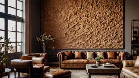 Interior of modern living room with brown leather sofa and brown wallの写真素材
