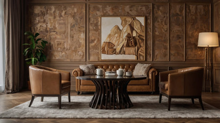 Interior of a living room with a brown sofa and two armchairsの写真素材