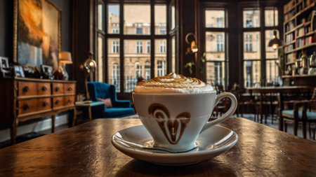 Cappuccino in a white cup on a wooden table.の写真素材