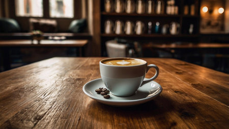 Coffee cup on wooden table in coffee shop, stock photo