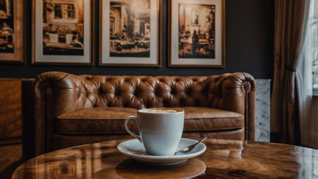 Coffee cup on wooden table in coffee shop, stock photo