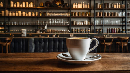 Coffee cup on wooden table in coffee shop, stock photo