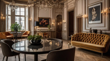 Luxury interior of the living room in classic style. Nobody insideの写真素材