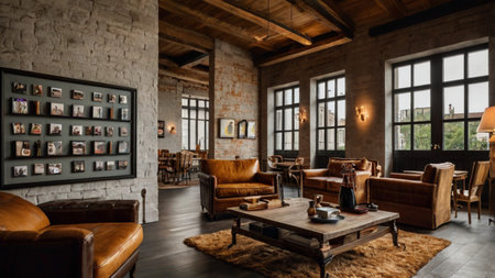 interior of a loft-style restaurant with wooden walls and brown leather sofasの写真素材