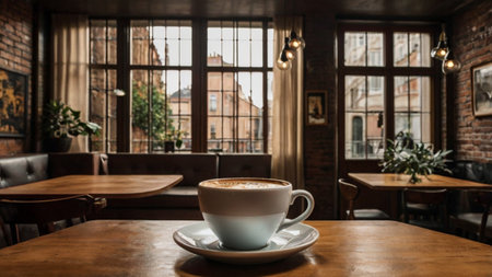 Coffee cup on wooden table in coffee shop, stock photo