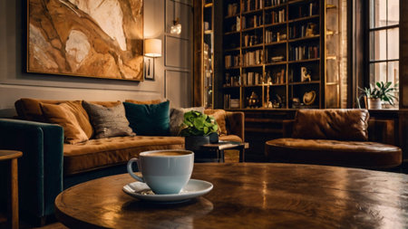 Coffee cup on wooden table in coffee shop, stock photoの写真素材