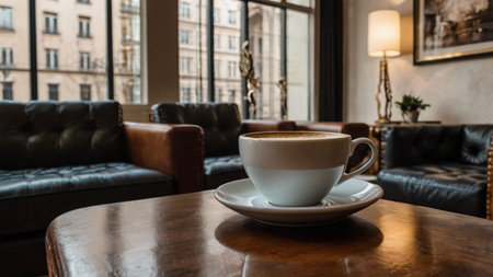 Coffee cup on wooden table in coffee shop, stock photoの写真素材