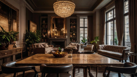 Luxury living room interior with sofa, armchair, coffee table and vintage furniture.