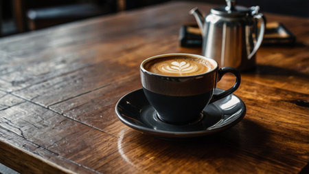 Coffee cup on wood table in coffee shop, stock photo