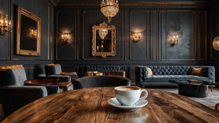 Luxury interior of a classic bar with black walls, a sofa and a coffee cup