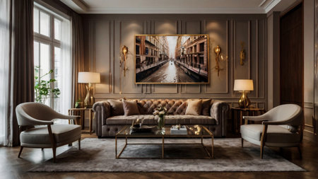 Luxury living room interior in classic style. 3d renderの写真素材