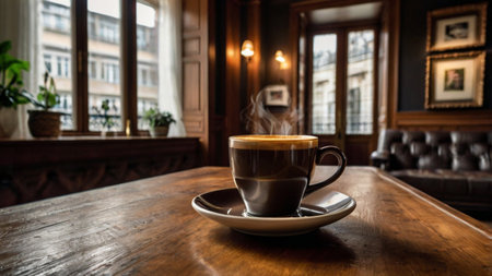 Coffee cup on wooden table in coffee shop, stock photoの写真素材
