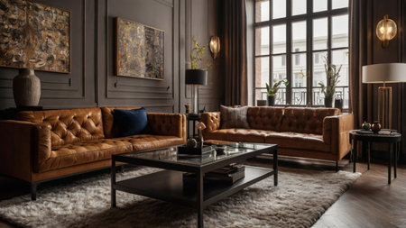 Luxury living room interior design with brown leather sofa and coffee tableの写真素材