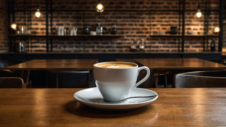 Coffee cup on wooden table in coffee shop, stock photo