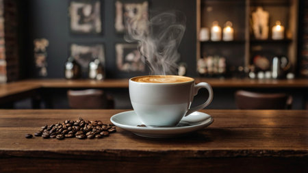 Coffee cup and coffee beans on wooden table in coffee shop