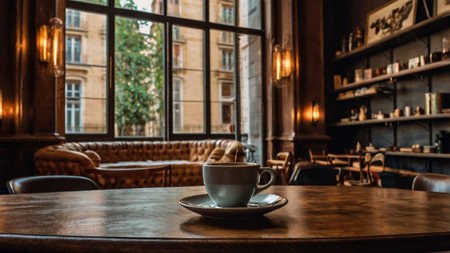 Coffee cup on wooden table in coffee shop, stock photoの写真素材