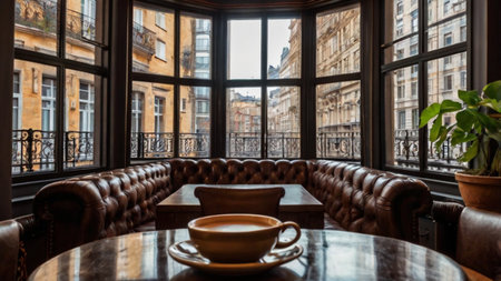 Coffee cup and saucer on the table in a cafeの写真素材